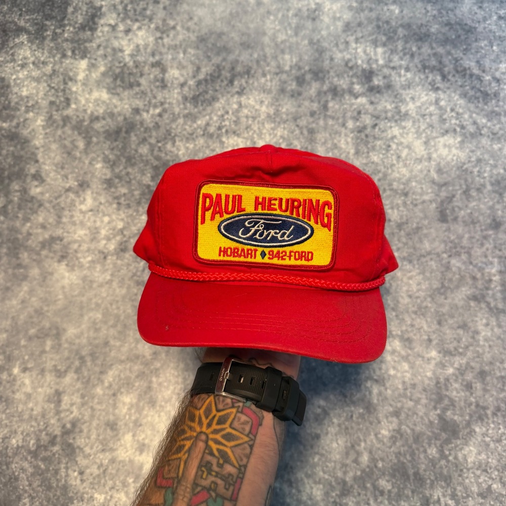 VTG Paul Heuring Ford Hobart IN Trucker Hat Snapback Red Yupoong Rope Cap Patch